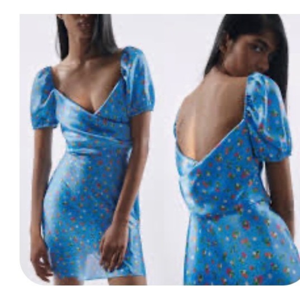 Zara Blue Strawberry Print Satin Mini Dress Puffed Sleeve XS Sweetheart Neck